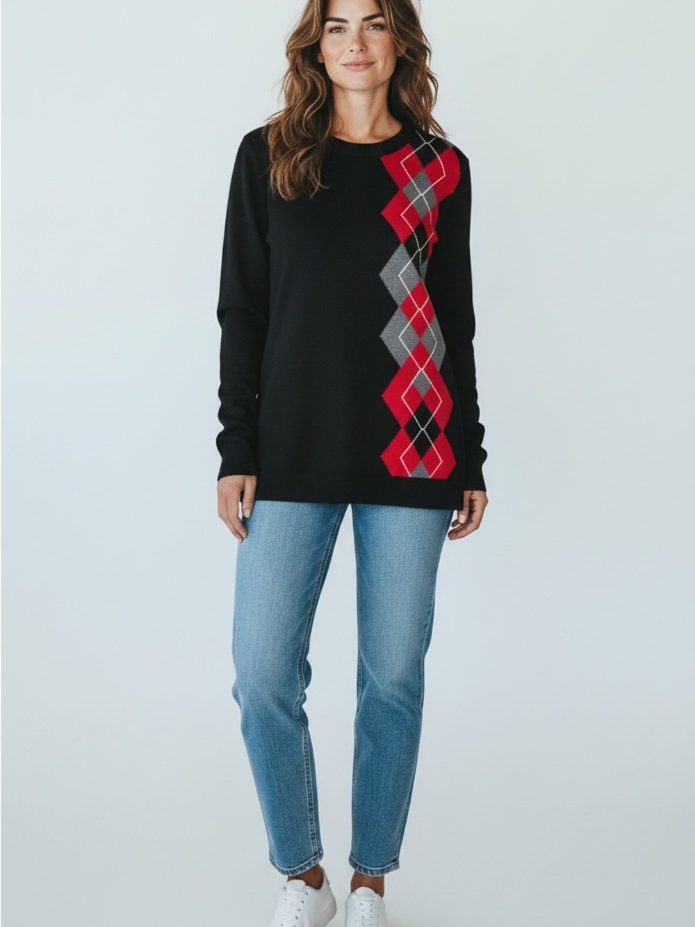 Geoffrey Beene Black Long-Sleeve Sweater Top with Red & Gray Argyle